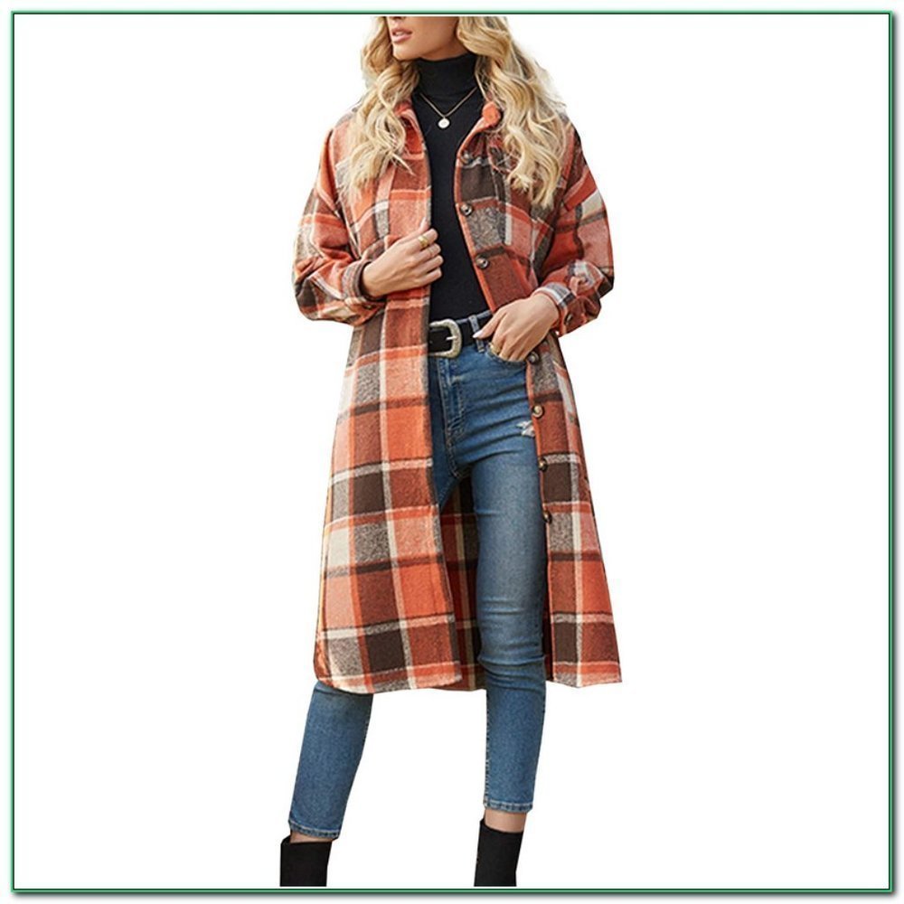 Women's  Wool Blend Long Plaid Shirt Jacket, Orange